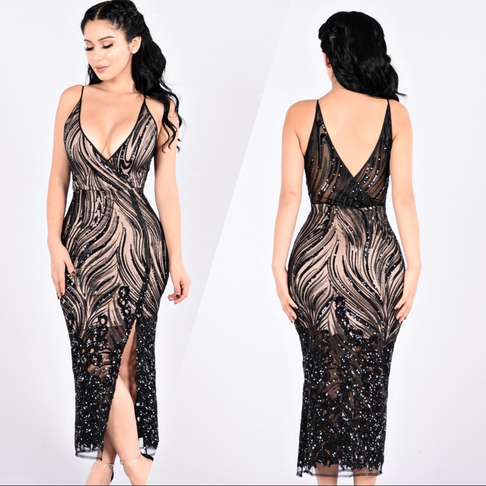 Fashion Nova Black & Nude Sequin Dress